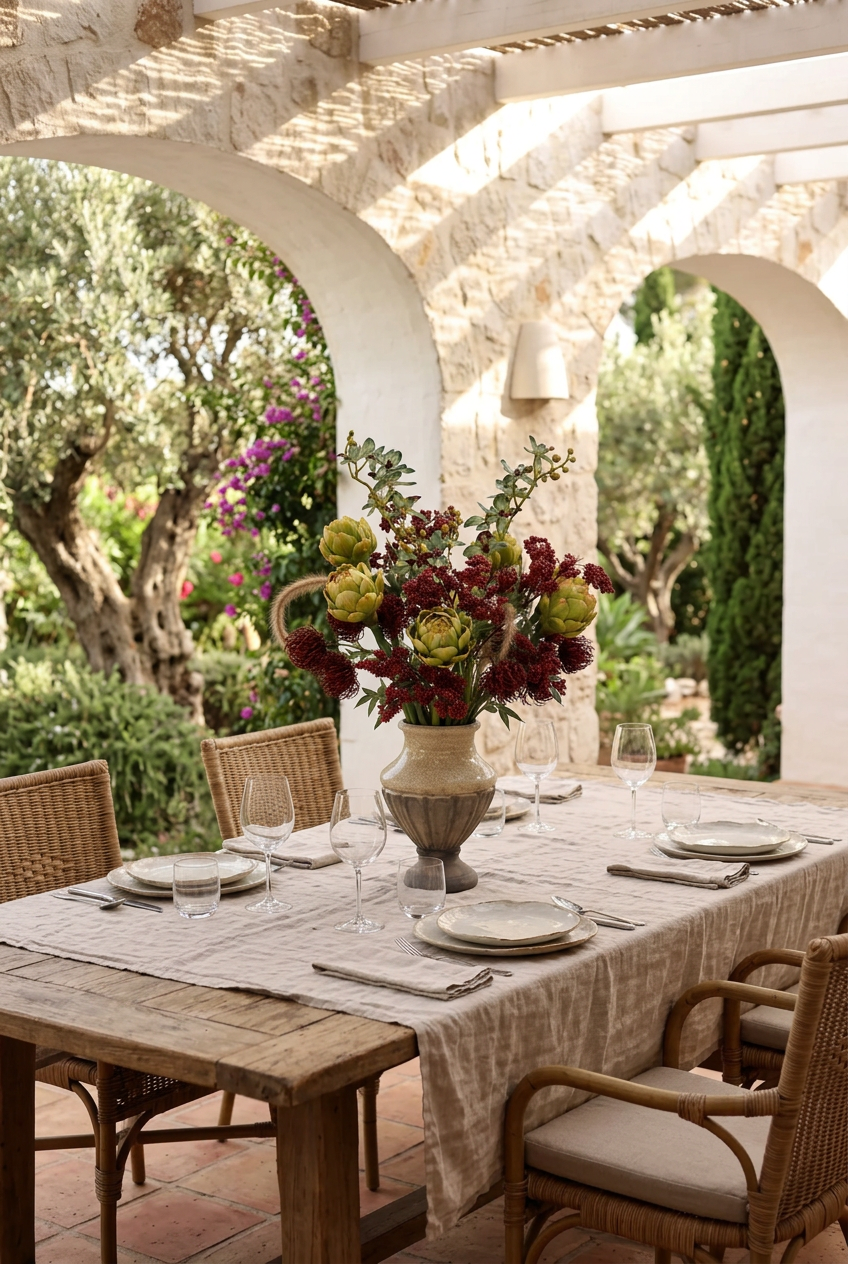 NO. 69 by Nicolíe de Luxe: green artichokes, burgundy pincushions and berry clusters in a crackle-glaze stone urn, styled on a dinner table under a covered villa terrace