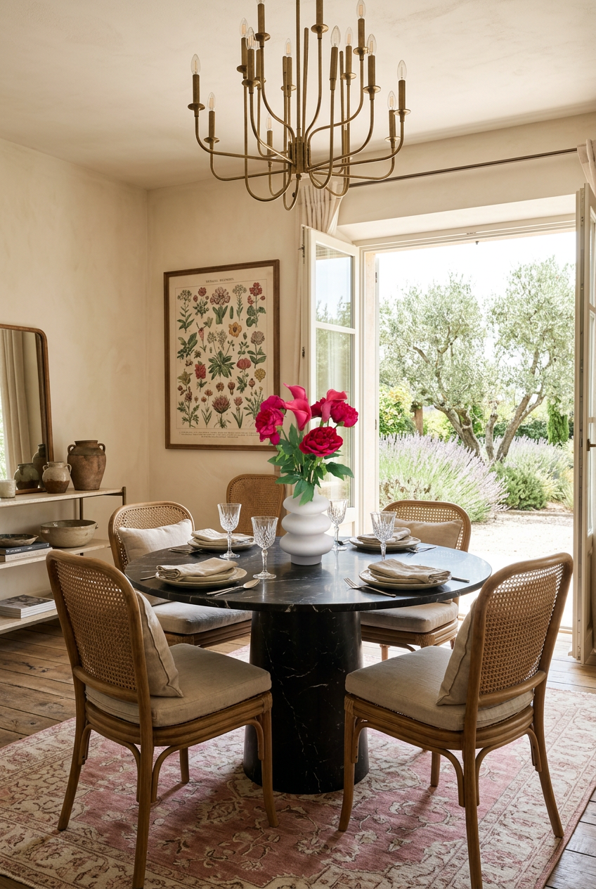 NO. 50 by Nicolíe de Luxe: deep pink peonies and pink calla lilies in a stacked white sculptural vase, styled on a round marble dining table in a villa dining room opening to an olive garden