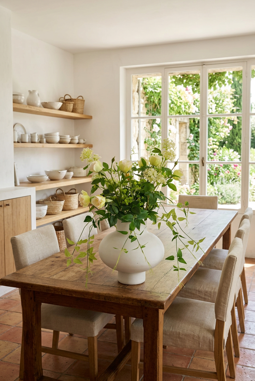 NO. 51 by Nicolíe de Luxe: cream roses, green viburnum and trailing greenery in a round white vase, styled on a farmhouse oak table in a bright villa kitchen-diner
