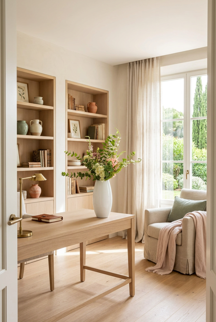 NO. 52 by Nicolíe de Luxe: eucalyptus, cream and blush hydrangea, berry hydrangea and delicate sprays in a glossy white vase, styled on an oak desk in an airy villa study