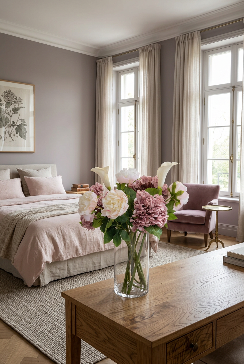 NO. 55 by Nicolíe de Luxe: cream and blush peonies, mauve hydrangeas and white calla lilies in a clear glass vase, styled on an oak table in a mauve-grey villa bedroom