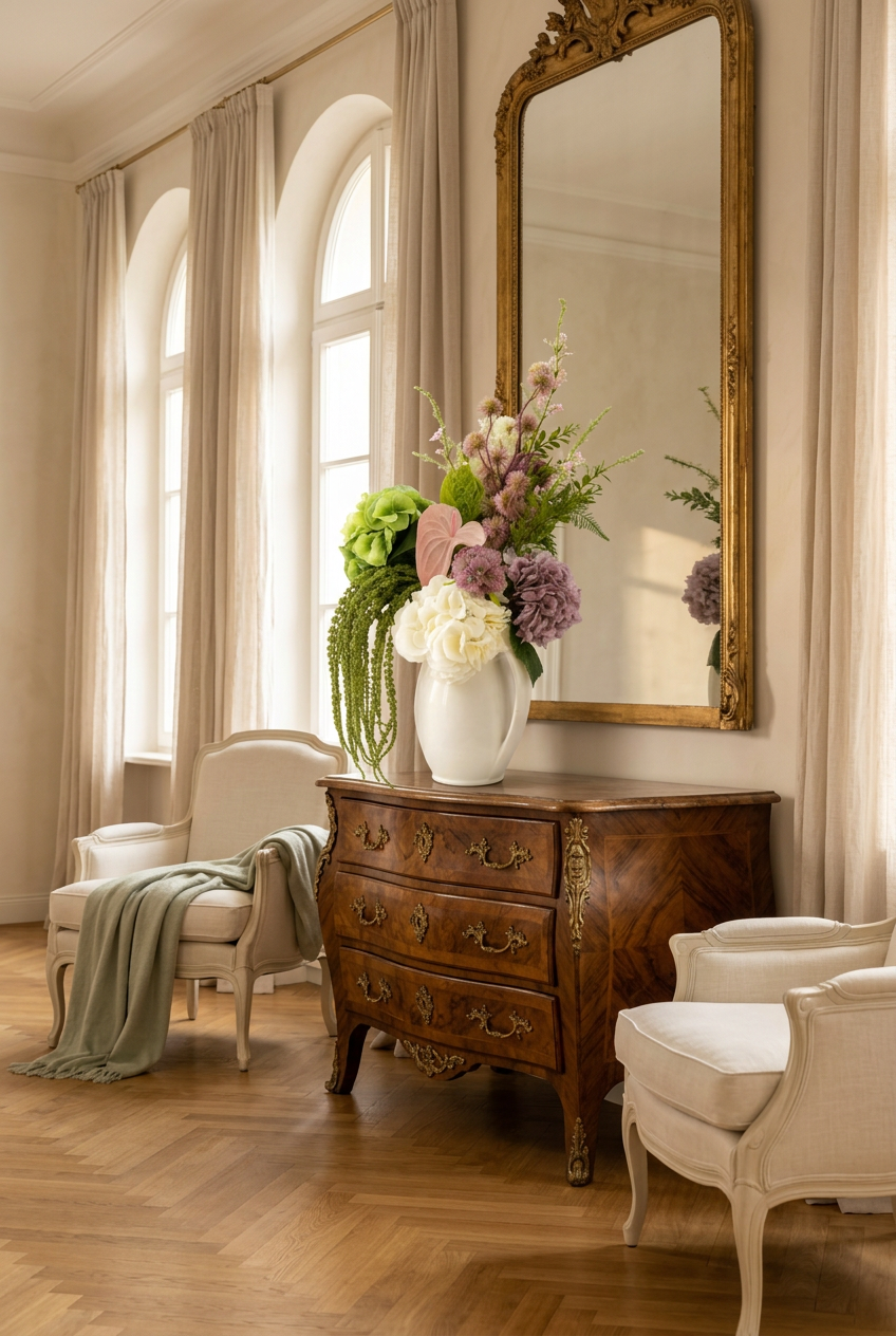 NO. 56 by Nicolíe de Luxe: lime, cream and mauve hydrangeas, pink anthurium, thistle, ferns and cascading green amaranthus in a cream jug vase, styled on a French walnut commode in an elegant villa salon