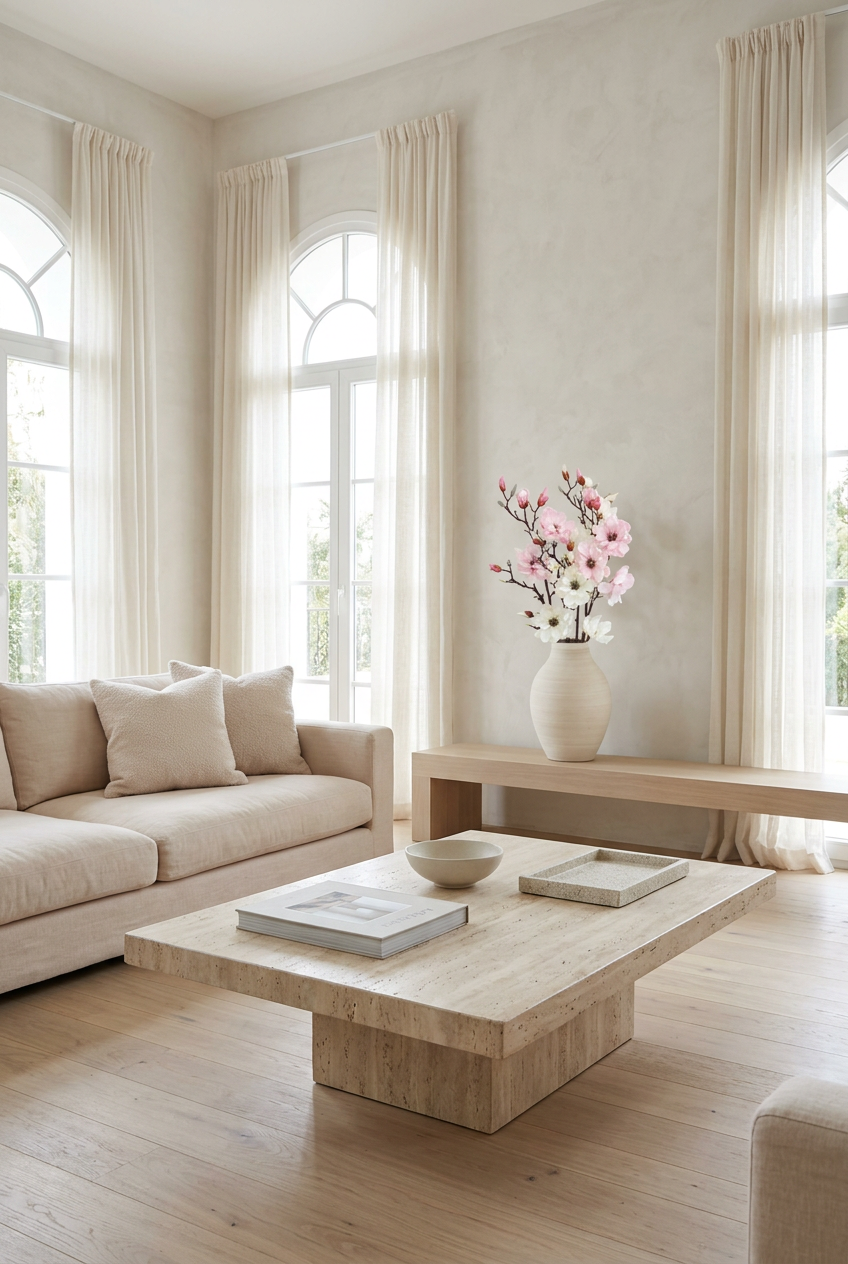 NO. 45 by Nicolíe de Luxe: blush and white magnolia branches in a ribbed cream vase, styled on an oak bench in a bright Marbella villa living room