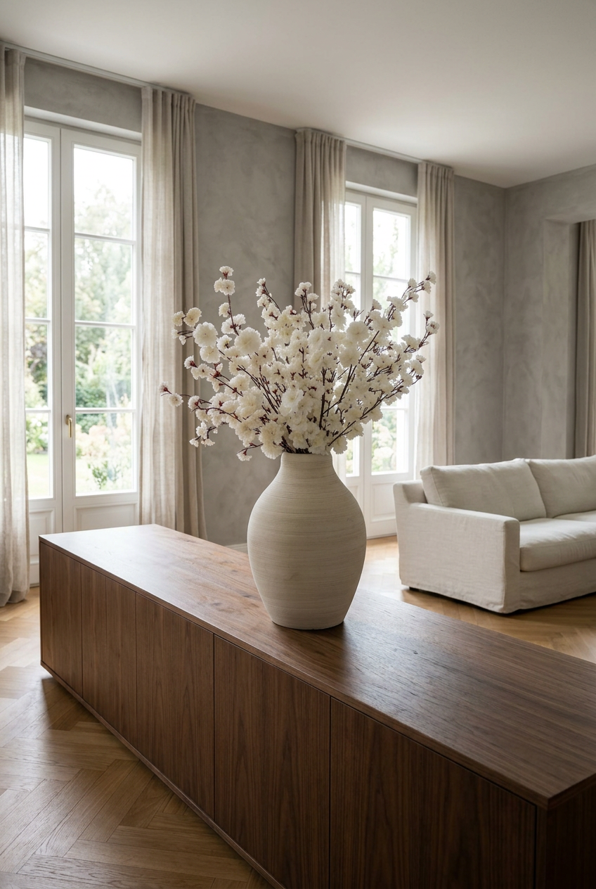 NO. 47 by Nicolíe de Luxe: white cherry blossom branches in a ribbed cream vase, styled on a walnut console in a calm grey-walled villa living room