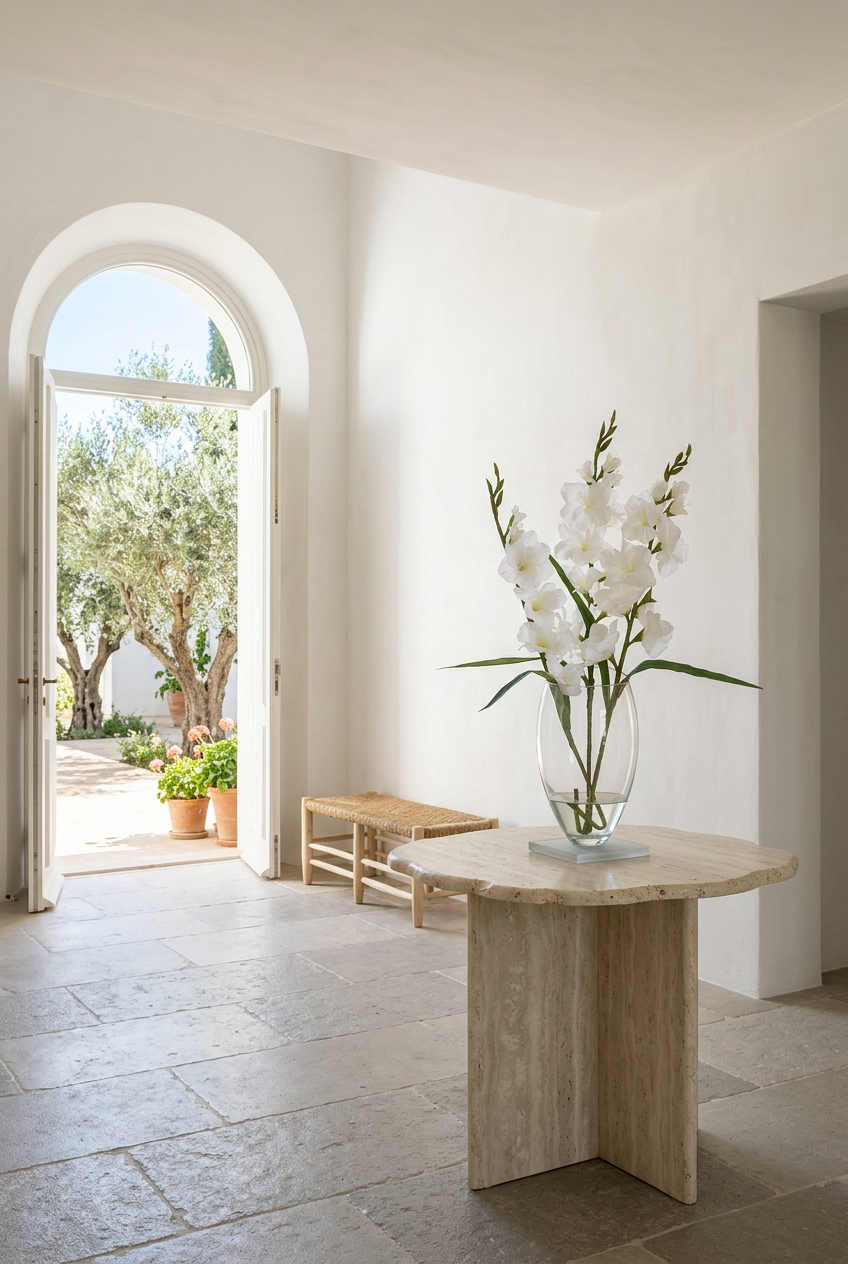 NO. 48 by Nicolíe de Luxe: three white gladiolus stems in a clear glass vase, styled on a travertine table in a bright villa entrance hall opening to an olive courtyard