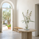 NO. 48 by Nicolíe de Luxe: three white gladiolus stems in a clear glass vase, styled on a travertine table in a bright villa entrance hall opening to an olive courtyard