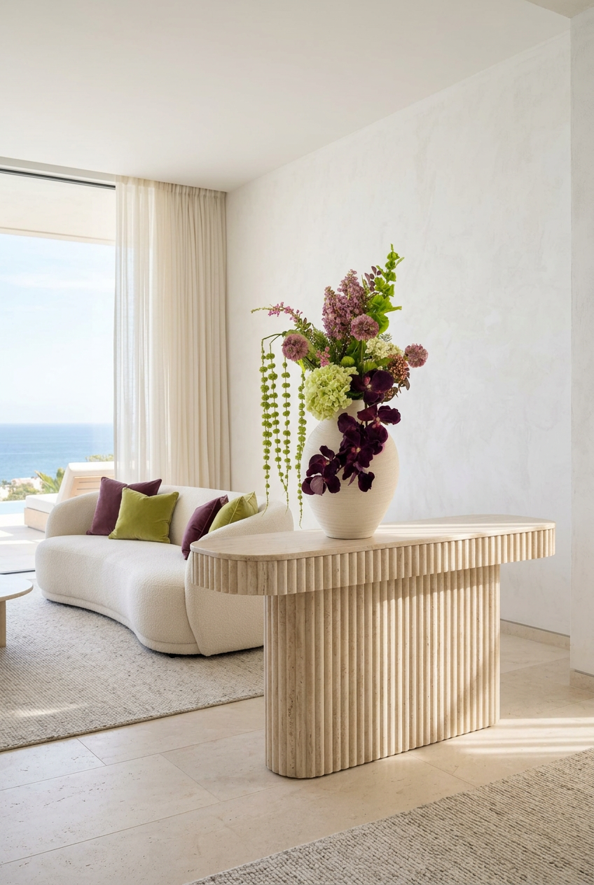 NO. 58 by Nicolíe de Luxe: deep purple orchids, lilac, scabiosa, lime hydrangea and trailing green bells in a cream stoneware vase, styled on a fluted travertine console in a sea-view Marbella living room