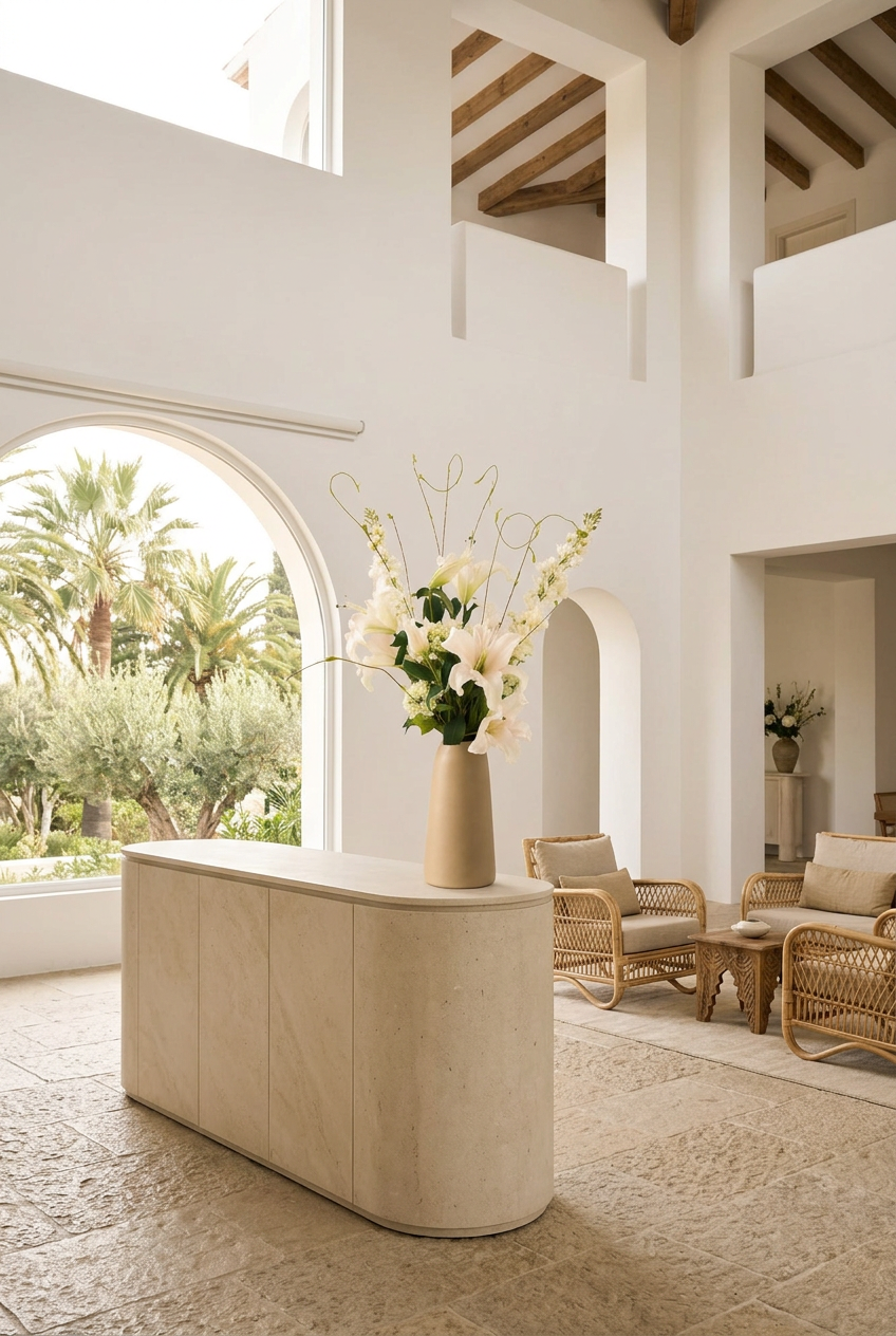 NO. 59 by Nicolíe de Luxe: white lilies, white stock, viburnum and curly willow in a sand-coloured vase, styled on a limestone console in a bright Marbella villa hotel lobby