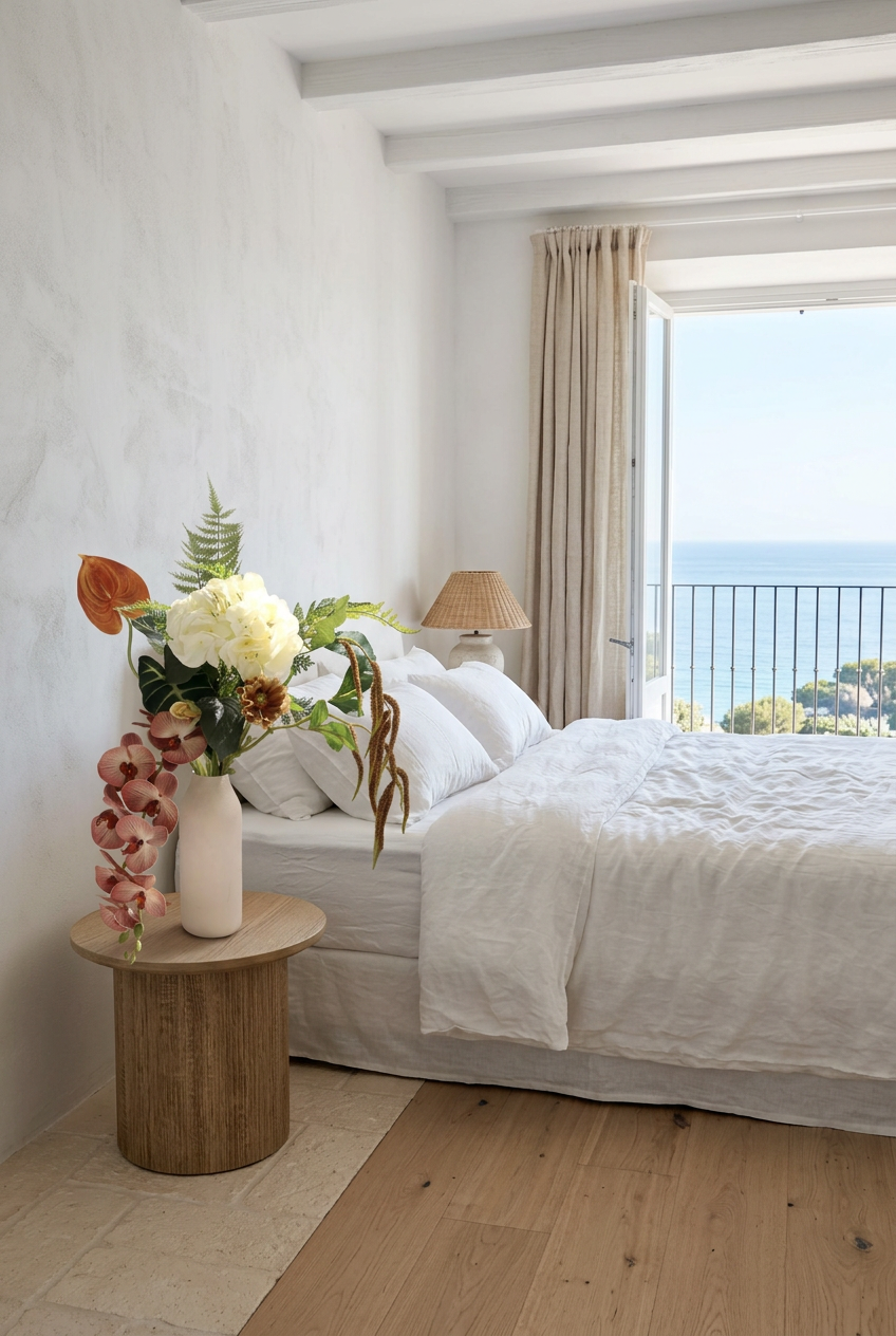NO. 70 by Nicolíe de Luxe: ivory hydrangea, terracotta anthurium, cascading blush orchids, fern and trailing amaranthus in a white bottle vase, styled on an oak bedside table in a Marbella villa bedroom with sea view