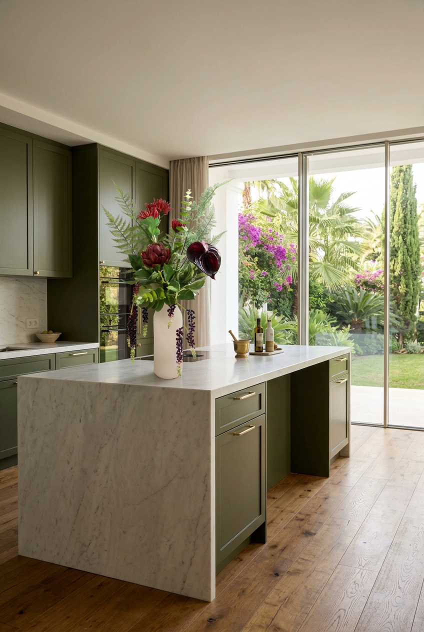NO. 71 by Nicolíe de Luxe: burgundy protea, crimson chrysanthemums, dark anthurium, ferns and cascading berry strands in a white cylindrical vase, styled on a marble kitchen island in a Marbella villa kitchen