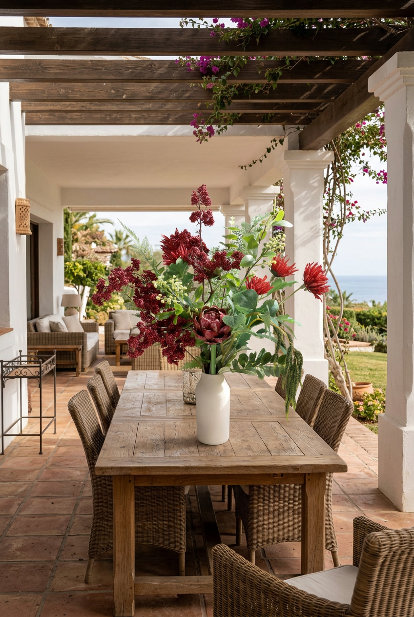NO. 72 by Nicolíe de Luxe: burgundy berry clusters, red chrysanthemums, a central protea, ferns and trailing amaranthus in a white bottle vase, styled on an oak dining table on a covered Marbella villa terrace