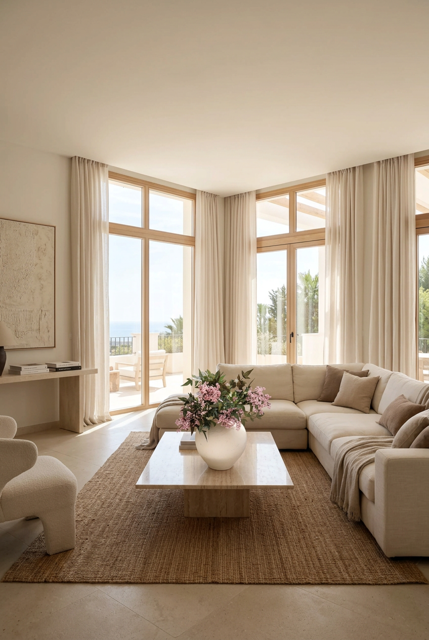 NO. 74 by Nicolíe de Luxe: pink holly fruit berries and deep green foliage in a round cream stoneware vase, styled on a travertine coffee table in a Marbella villa lounge