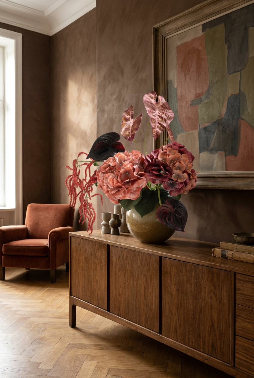 NO. 76 by Nicolíe de Luxe: coral and dusty rose hydrangeas, burgundy anthuriums and cascading coral amaranthus in a smoked glass vase, styled on a walnut sideboard in an art-filled sitting room