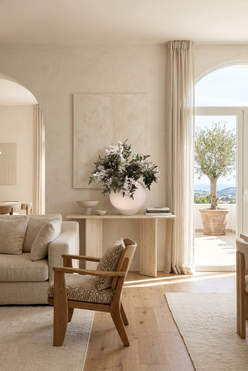 NO. 75 by Nicolíe de Luxe: white holly berry clusters and deep green foliage in a round speckled stone vase, styled on a travertine console in a bright Marbella villa living room