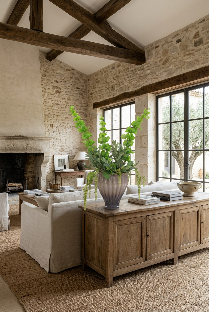 NO. 43 by Nicolíe de Luxe: green bells, olive branches and hanging green amaranthus in a fluted smoky-mauve glass vase, styled on a rustic oak sideboard in a stone-walled villa living room