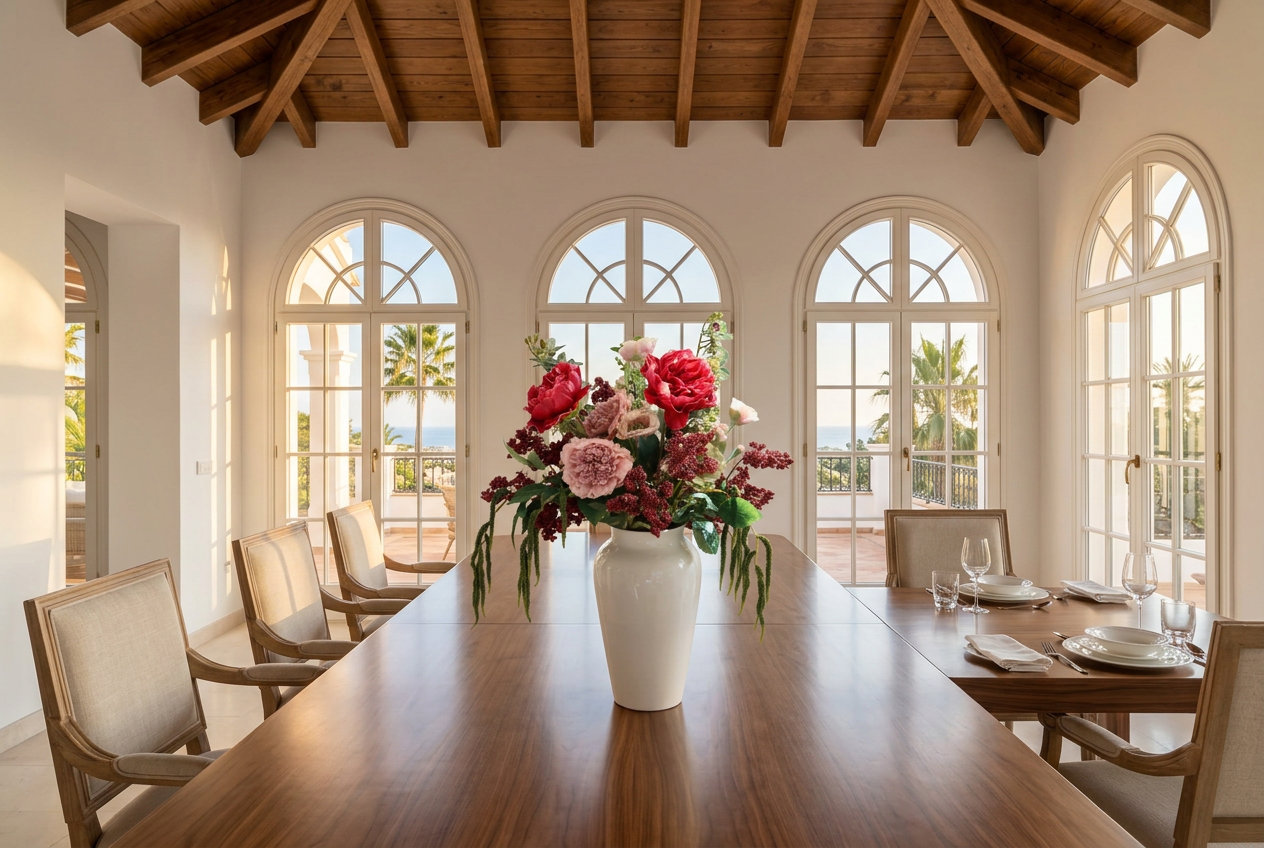 NO. 68 by Nicolíe de Luxe: crimson and blush peonies, burgundy berries and trailing amaranthus in a glossy white vase, styled on a walnut dining table in a Marbella villa dining room with sea-view arched windows