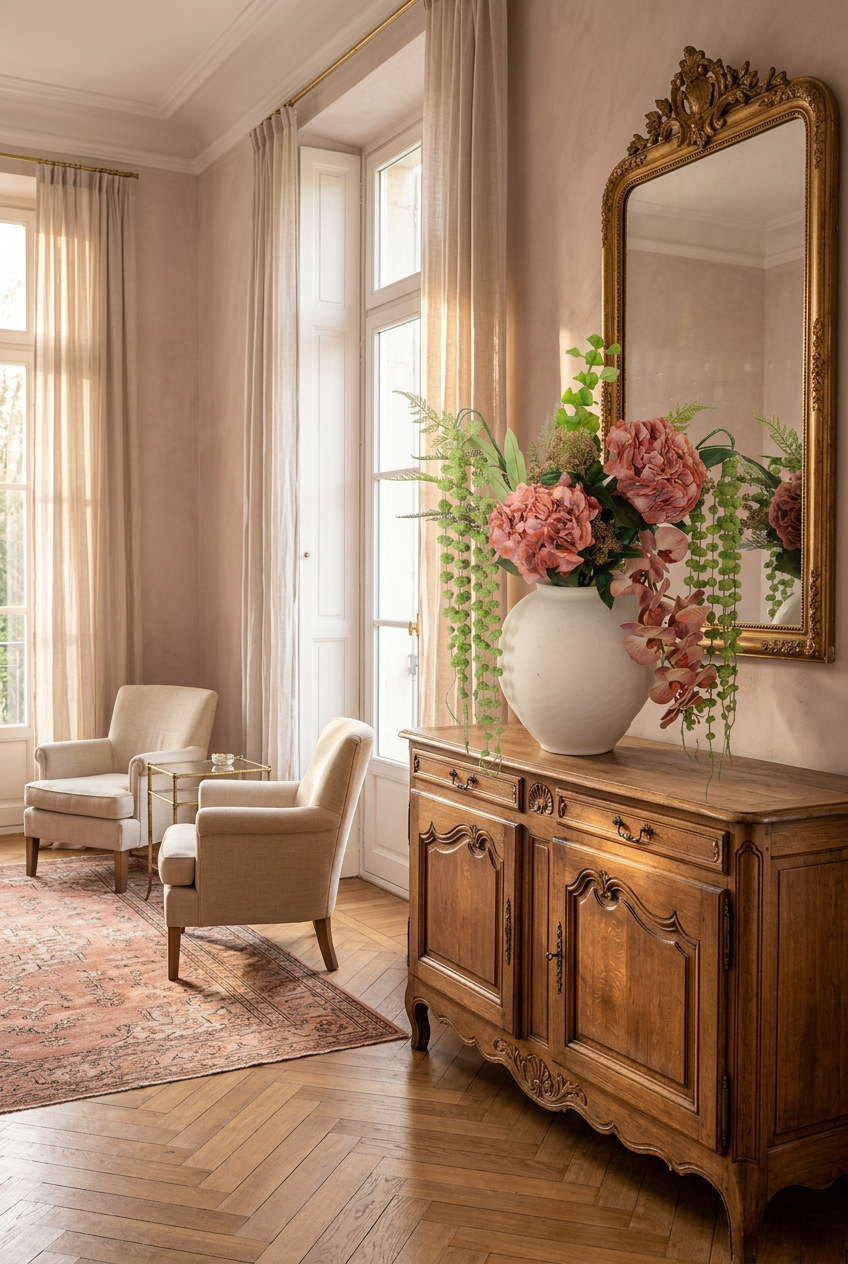 NO. 23 by Nicolíe de Luxe: coral hydrangeas, peach orchids and cascading string-of-pearls in a cream stoneware vase, styled on an antique French sideboard in a blush-walled salon