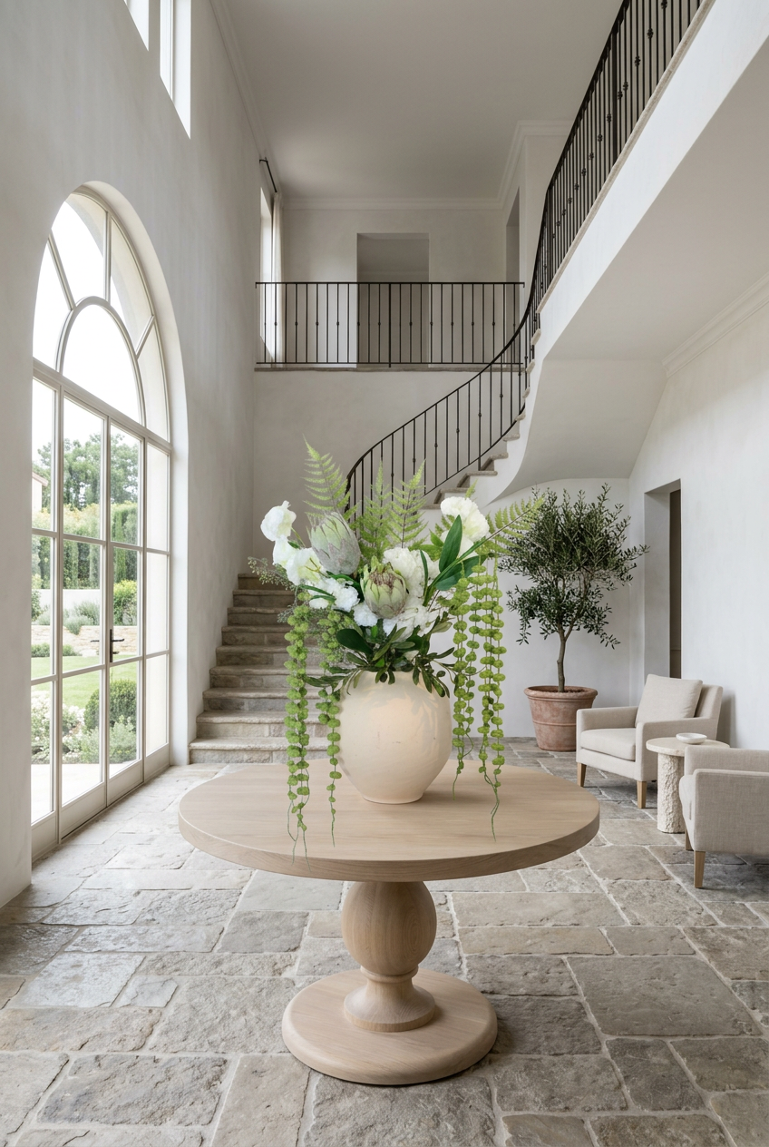 NO. 28 by Nicolíe de Luxe: king proteas, white hydrangeas and blooms, ferns and cascading string-of-pearls in a cream stoneware vase, styled on a round oak table in a double-height villa foyer