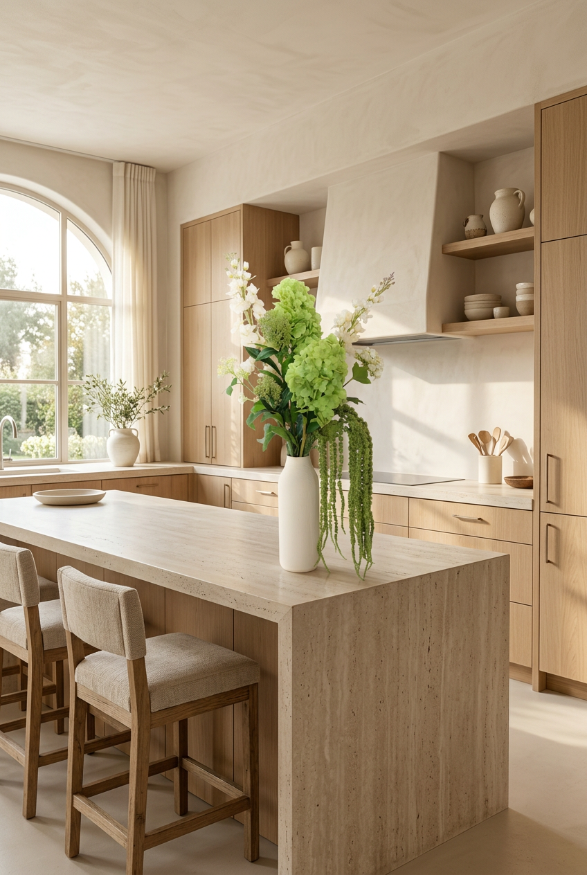 NO. 21 by Nicolíe de Luxe: green hydrangeas, cream delphinium and trailing green amaranthus in a slim cream vase, styled on a travertine kitchen island in a bright villa kitchen