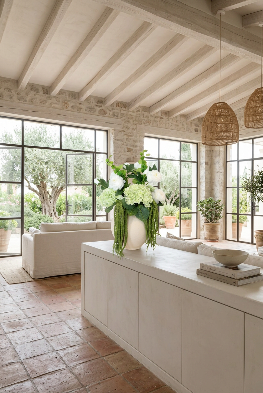 NO. 24 by Nicolíe de Luxe: green hydrangeas, white double peonies and cascading green amaranthus in a cream stoneware vase, styled on a plaster sideboard in a beamed Marbella villa great room