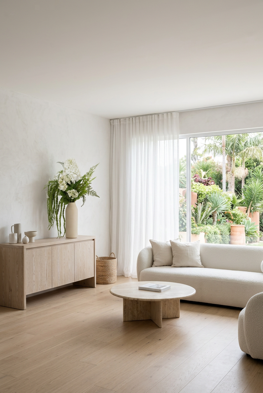 NO. 35 by Nicolíe de Luxe: white lilac and viburnum, fern and cascading green amaranthus in a slim cream bottle vase, styled on an oak sideboard in an airy villa living room