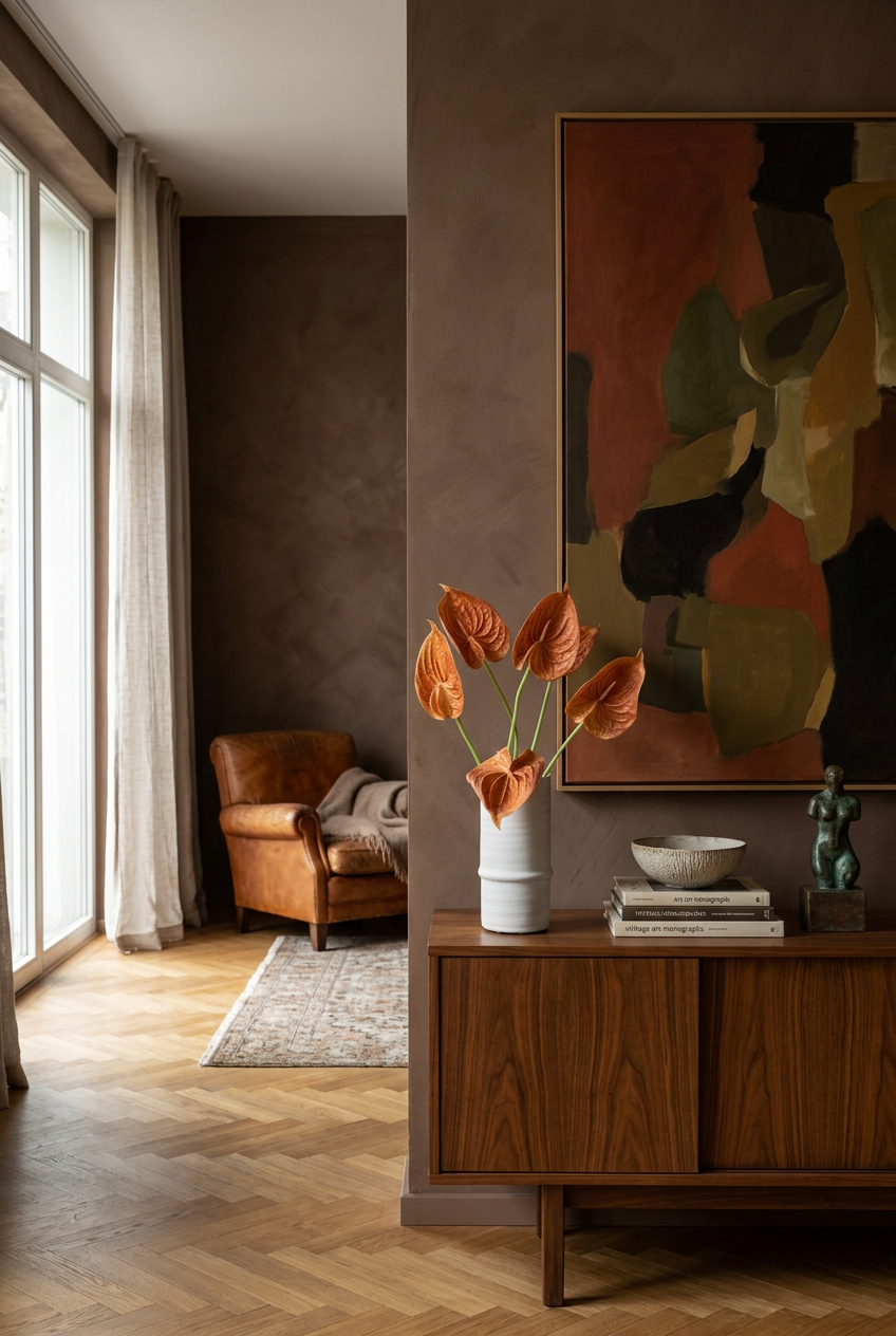 NO. 19 by Nicolíe de Luxe: burnt-orange anthuriums in a white ribbed vase, styled on a walnut sideboard in a warm, art-filled living room with chocolate walls