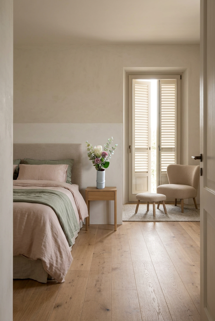 NO. 39 by Nicolíe de Luxe: king protea, pink sweet william, scabiosa and silver eucalyptus in a white ribbed vase, styled on an oak bedside table in a calm villa guest bedroom