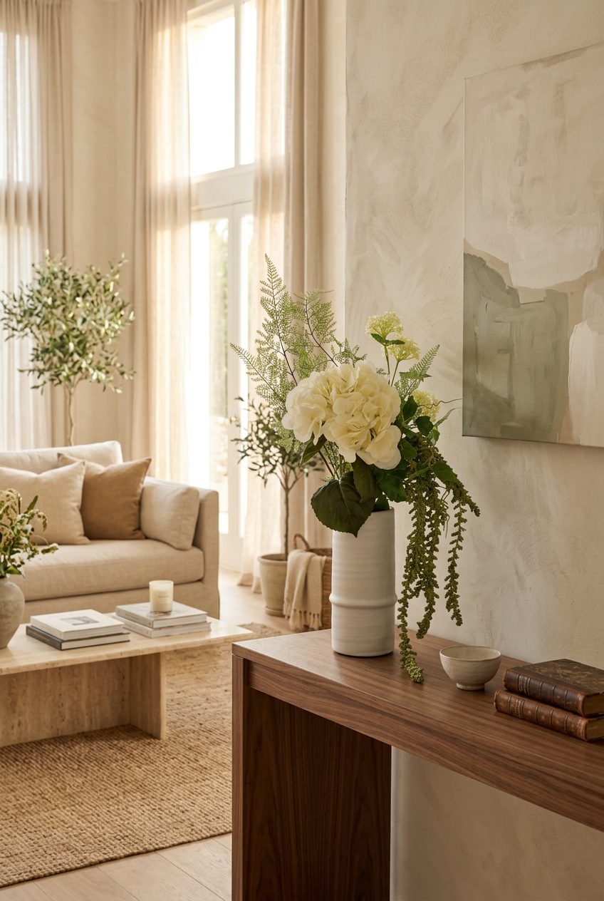 NO. 31 by Nicolíe de Luxe: cream hydrangea, fern, small cream blooms and trailing green amaranthus in a white ribbed vase, styled on a walnut console in a calm villa living room