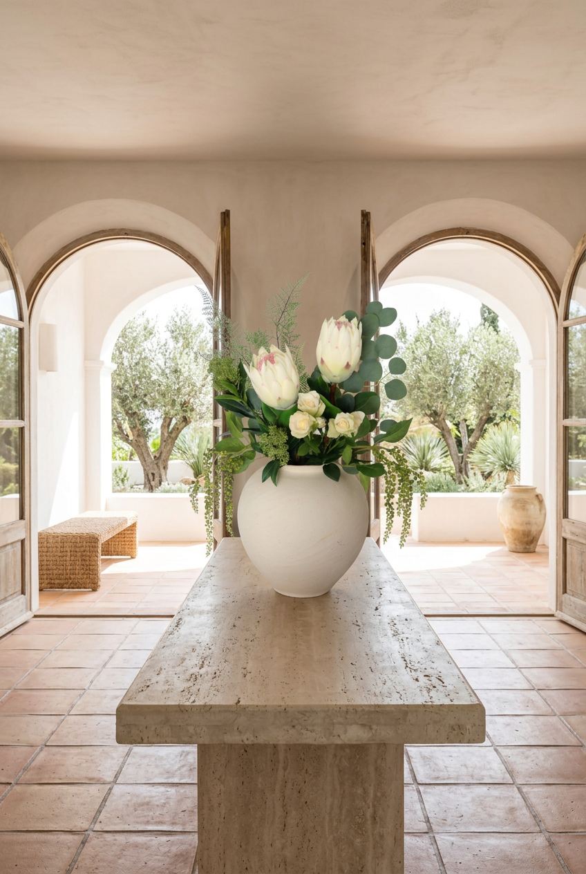 NO. 3 by Nicolíe de Luxe: king proteas, cream roses, eucalyptus and trailing amaranthus in a cream stoneware vase, styled on a travertine console in an arched Marbella villa entrance hall