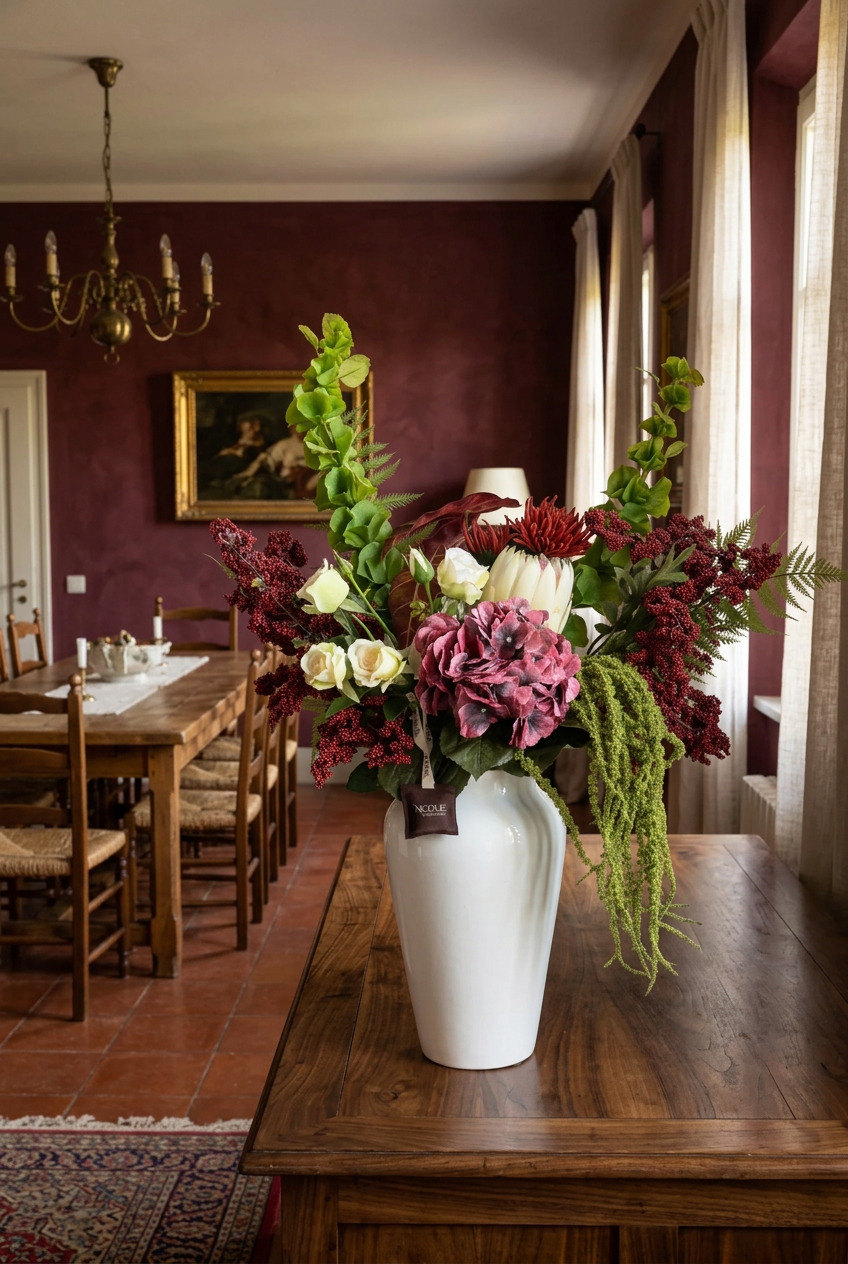 NO. 62 by Nicolíe de Luxe: blush hydrangea, cream protea and ivory roses with burgundy berries, green bells and trailing amaranthus in a white vase, styled on a walnut sideboard in a burgundy villa dining room