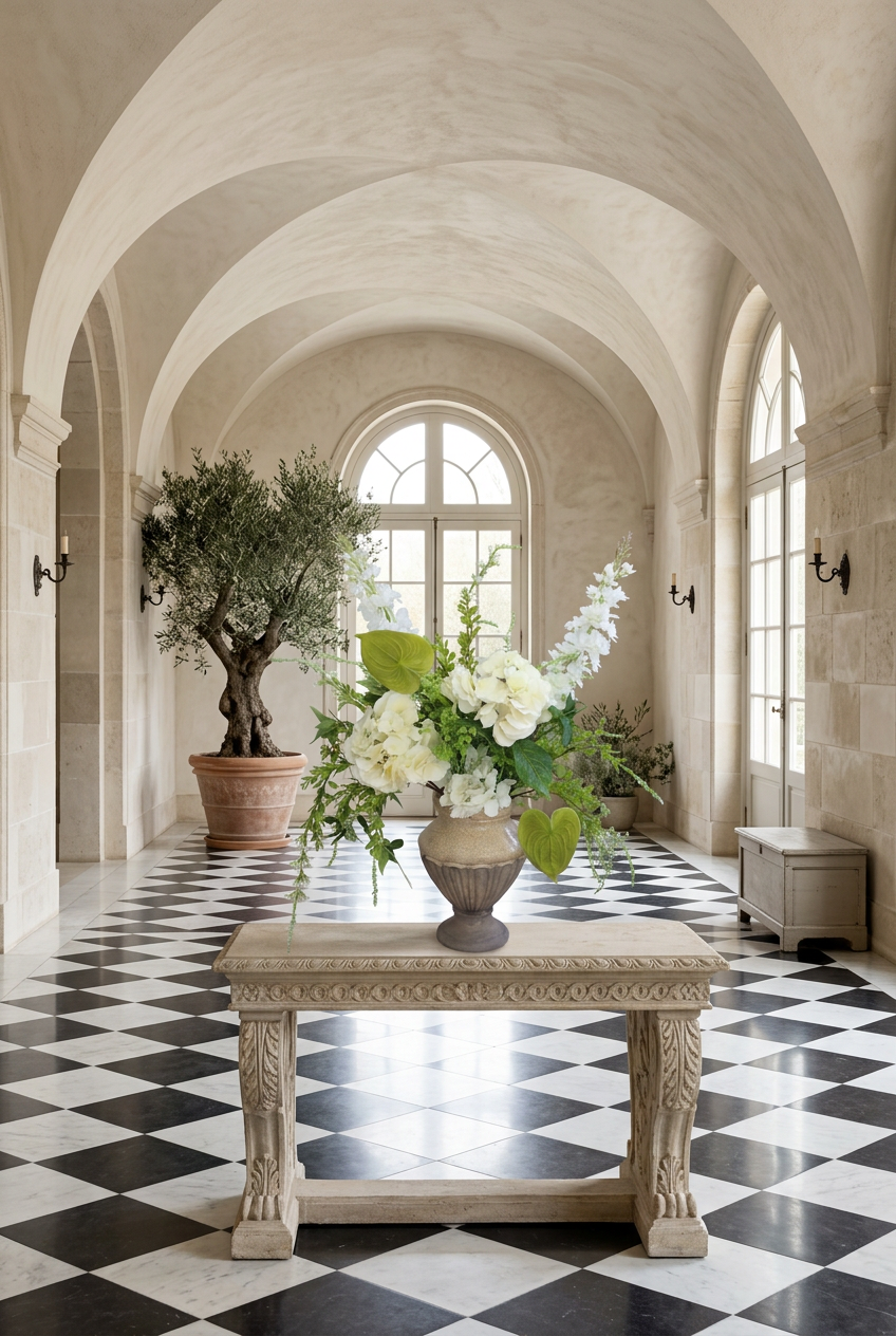 NO. 63 by Nicolíe de Luxe: white hydrangeas, white delphinium, green anthuriums and airy greenery in a stone urn vase, styled on a carved stone console in a vaulted villa entrance gallery