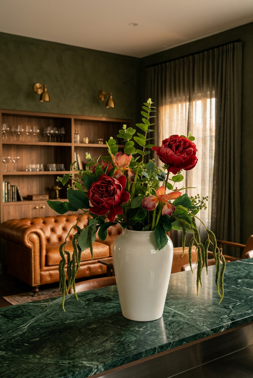 NO. 64 by Nicolíe de Luxe: deep red roses, tiger irises, eucalyptus and cascading amaranthus in a white vase, styled on a green marble counter in a moody villa lounge