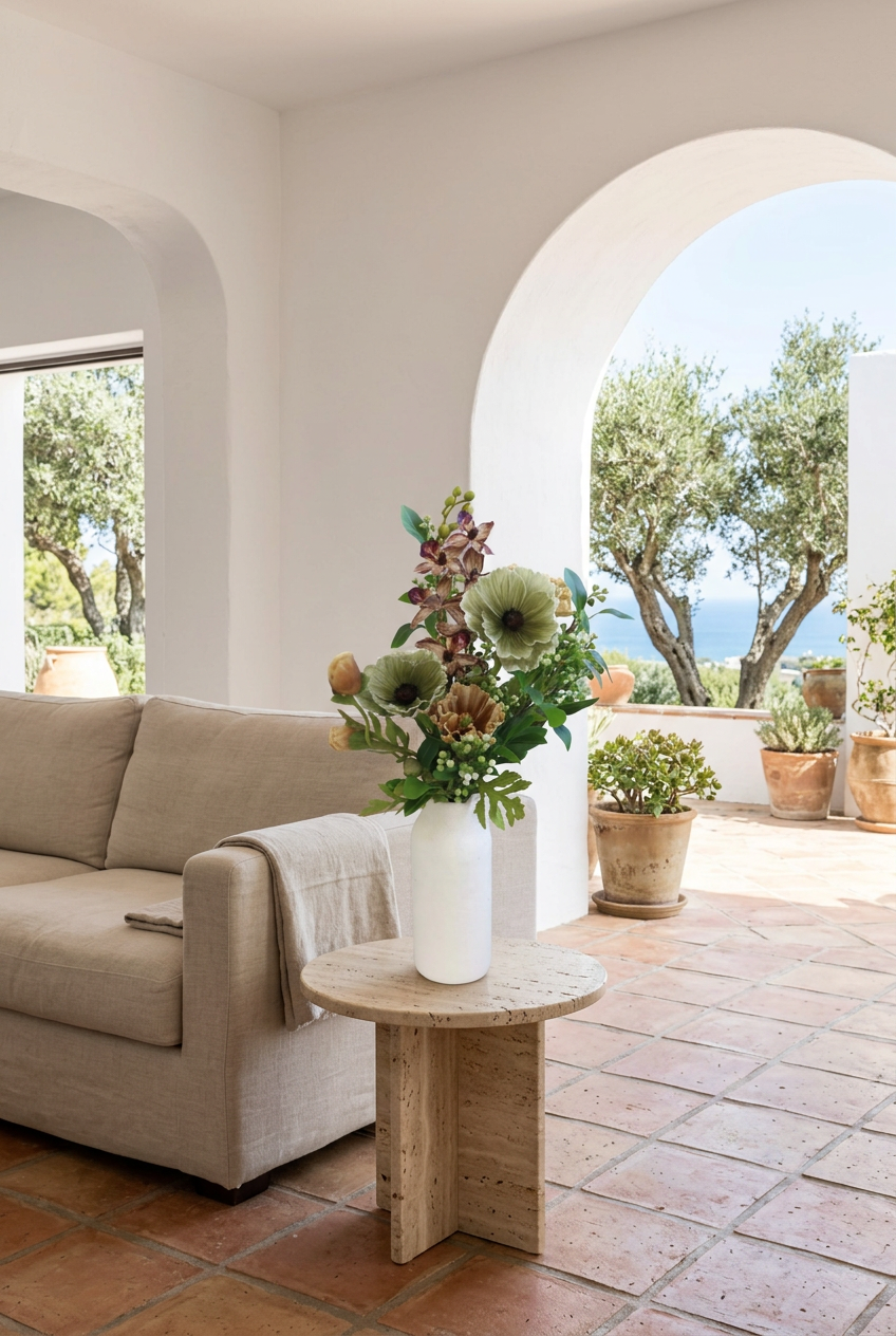 NO. 65 by Nicolíe de Luxe: green anemones, brown-purple orchids, caramel blooms, berries and eucalyptus in a white bottle vase, styled on a travertine side table in a Marbella villa living room with sea-view terrace