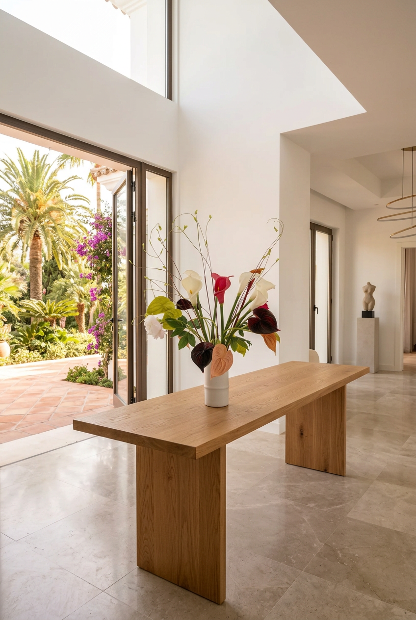 NO. 66 by Nicolíe de Luxe: white and pink calla lilies, burgundy and blush anthuriums, a white peony and looping stems in a white cylindrical vase, styled on an oak console table in a Marbella villa entrance hall