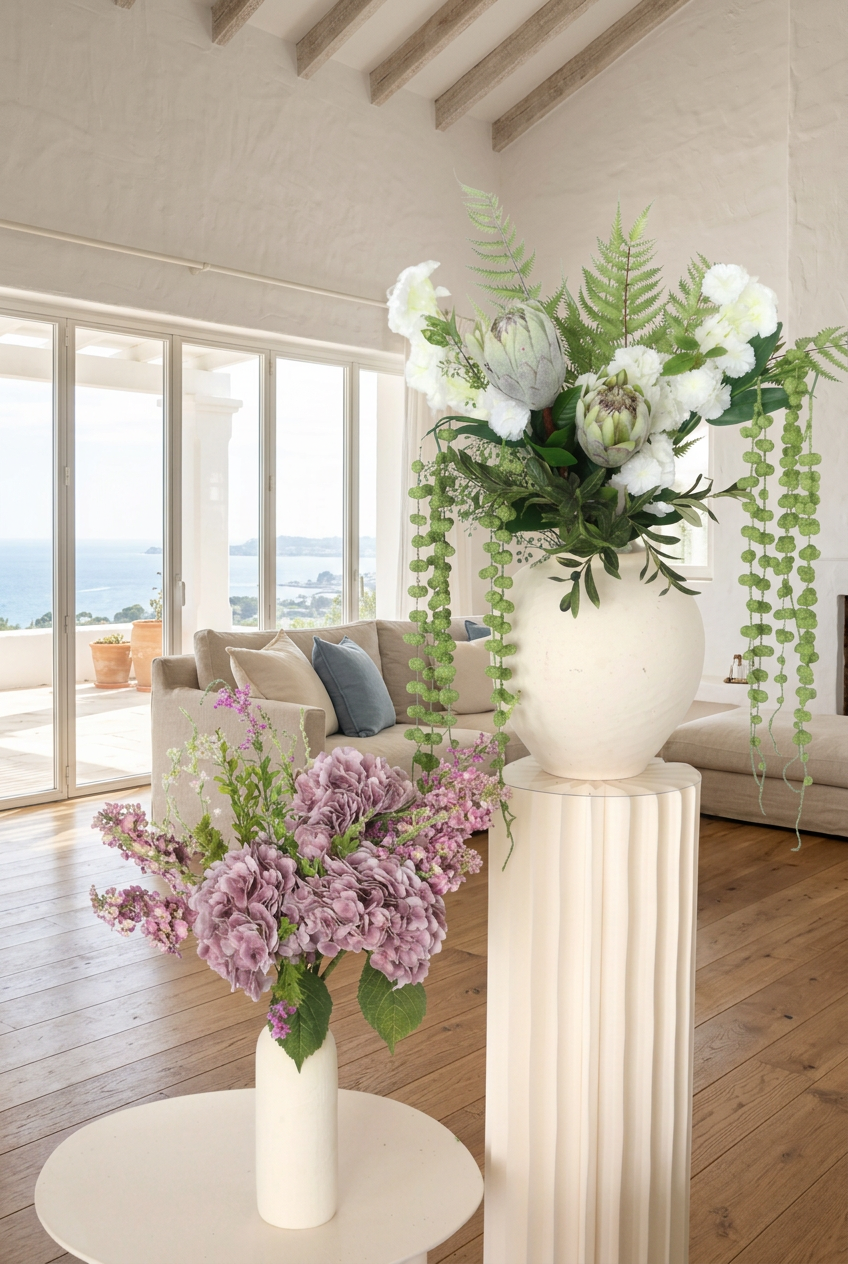 Villa Package NO. 1 by Nicolíe de Luxe: white blooms, proteas, ferns and trailing greenery on a fluted cream pedestal with a lilac hydrangea bouquet beside it, styled in a Marbella villa living room with sea view