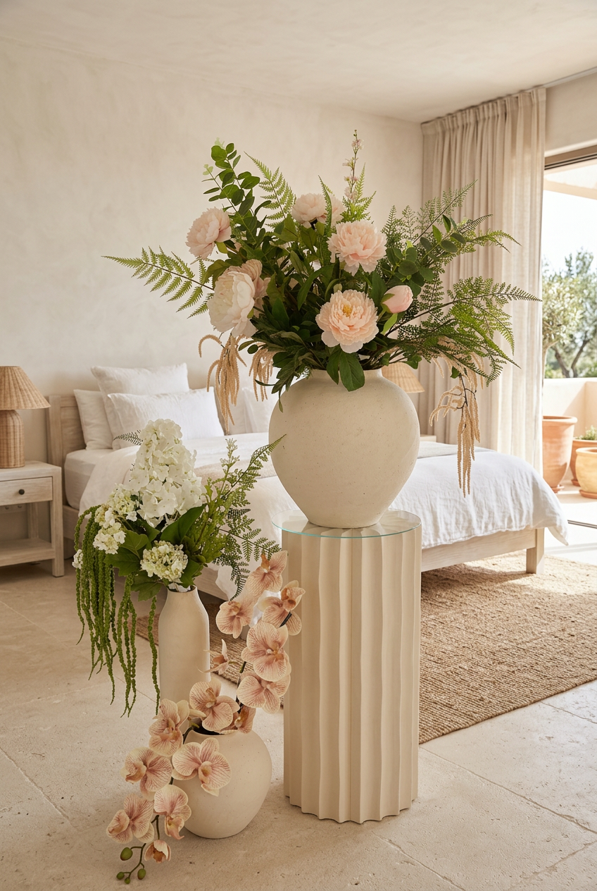 Villa Package NO. 3 by Nicolíe de Luxe: blush peonies and ferns on a fluted cream pedestal with white hydrangea and amaranthus and cascading blush orchids beside it, styled in a Marbella villa bedroom