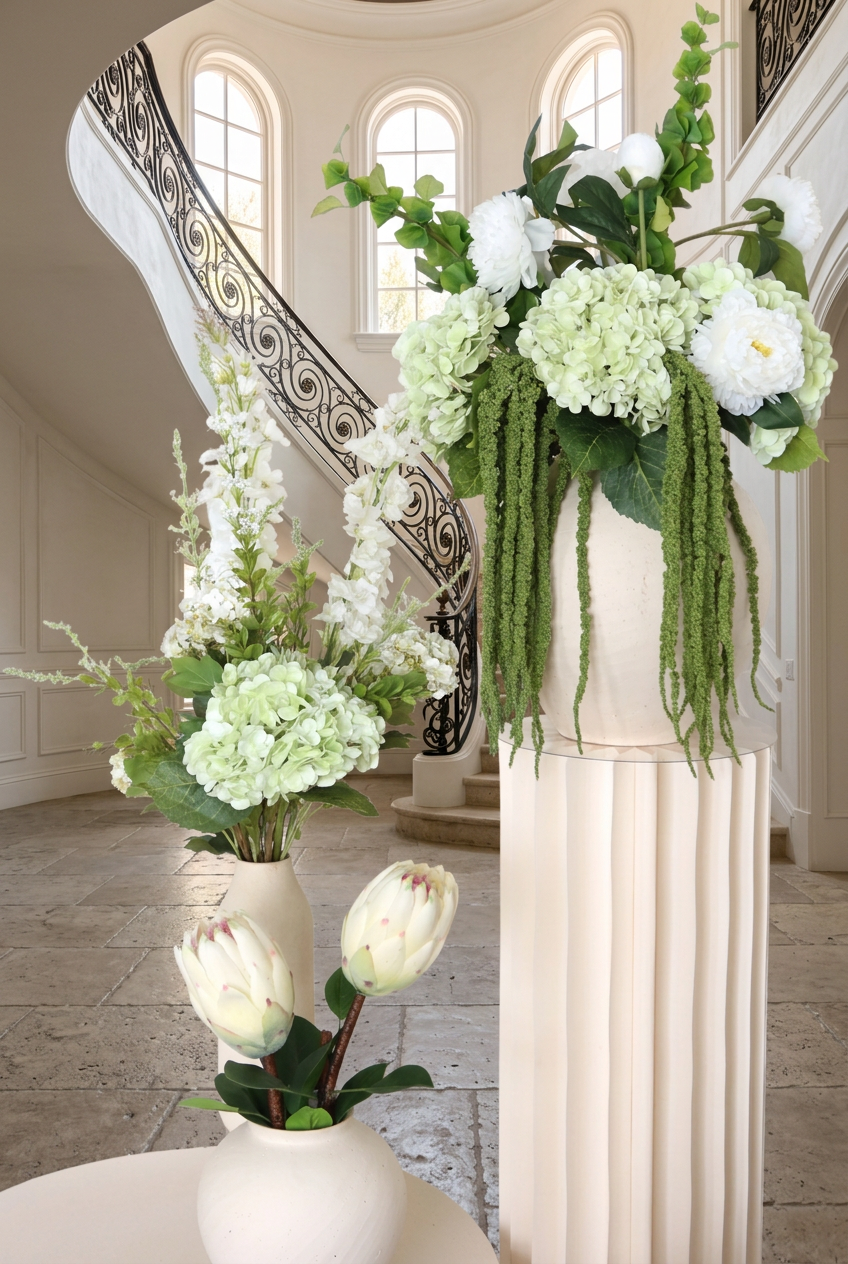 Villa Package NO. 4 by Nicolíe de Luxe: green hydrangeas, white peonies and trailing amaranthus on a fluted cream pedestal with white delphinium and proteas beside it, styled in a Marbella villa entrance foyer