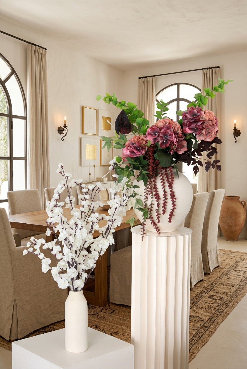 Villa Package NO. 2 by Nicolíe de Luxe: burgundy and blush hydrangeas with trailing amaranthus on a fluted cream pedestal beside white cherry blossom branches, styled in a Marbella villa dining room