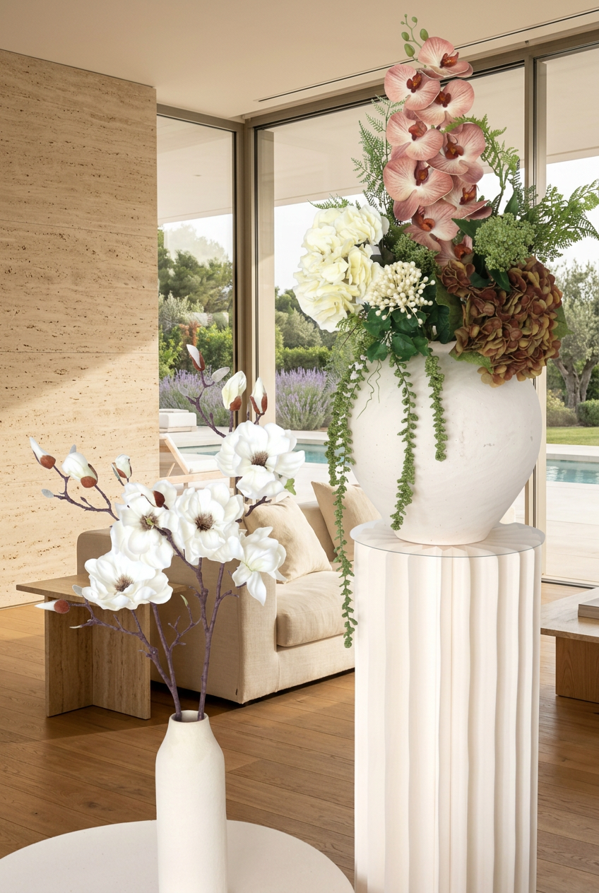 Villa Package NO. 5 by Nicolíe de Luxe: blush orchids, ivory and bronze hydrangeas with trailing greenery on a fluted cream pedestal beside white magnolia branches, styled in a modern Marbella villa lounge with pool view